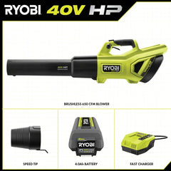 40V HP Brushless WHISPER SERIES 650 CFM 160 MPH Leaf Blower Cordless with 4.0 Ah Battery and Charger