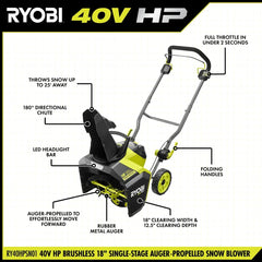40V HP Brushless 18” Single-Stage Auger-Propelled Snow Blower Kit