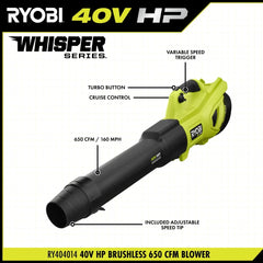 40V HP Brushless WHISPER SERIES 650 CFM 160 MPH Leaf Blower Cordless with 4.0 Ah Battery and Charger